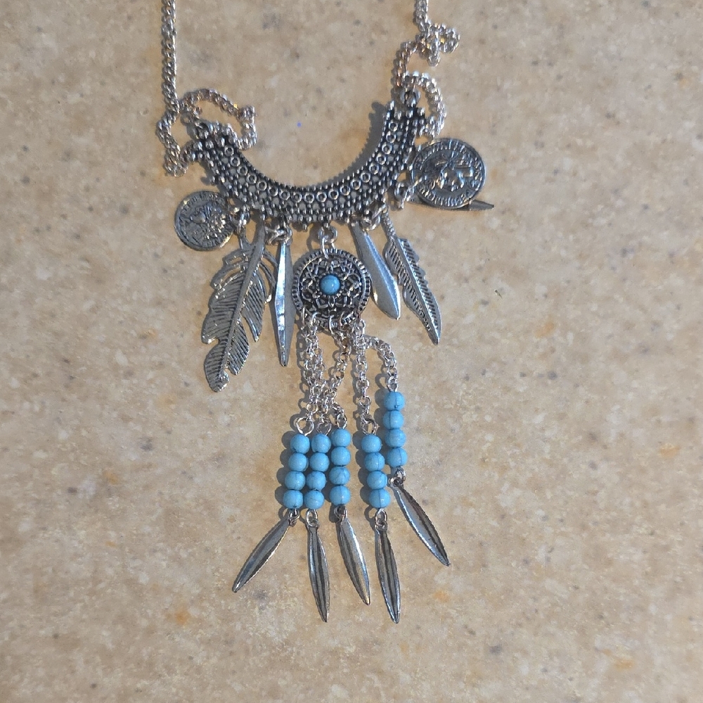 Boho Silver-Tone Pendant Necklace with Turquoise Beads